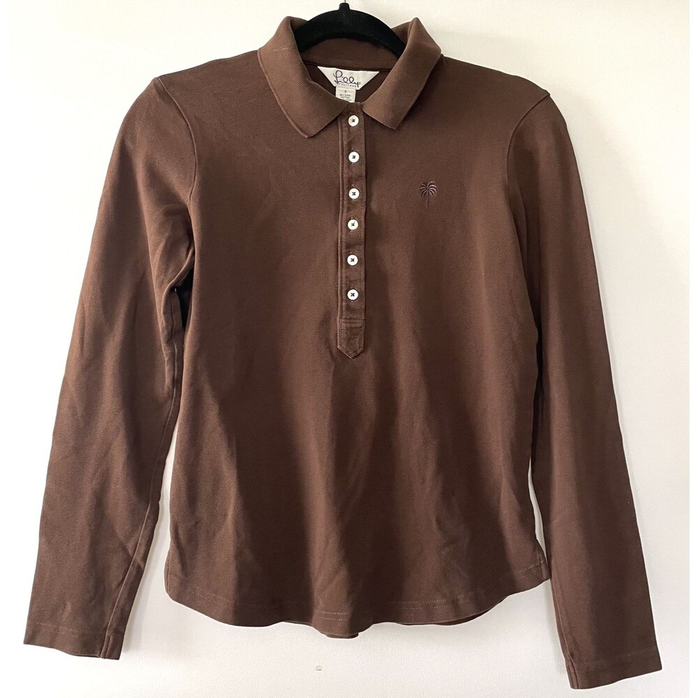 Lilly Pulitzer Brown Long Sleeve Polo Shirt Cotton Blend Women Size S
